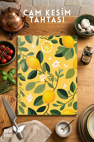Nandy Home Limon Desenli Cam Kesim Tahtası - 25x35cm -Dayanıklı ve Pratik Kes...