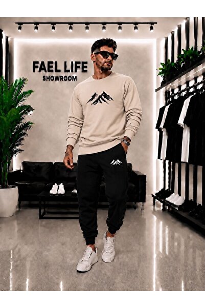 FAEL LİFE Unisex Wide Cut Zero Neckline and Sweatpants Mountain View Printed Set