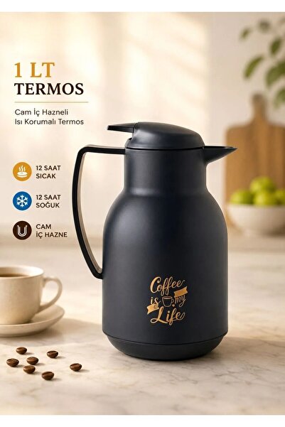 Galeriyo 1 Lt Cam Hazneli Termos Coffee Is My Life (Top Push) Siyah