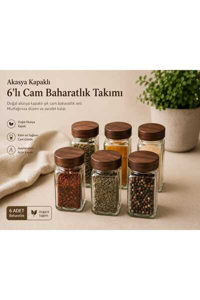 AYBABA STORE طقم توابل زجاجي مكون من 6 قطع مع أغطية من خشب الأكاسيا