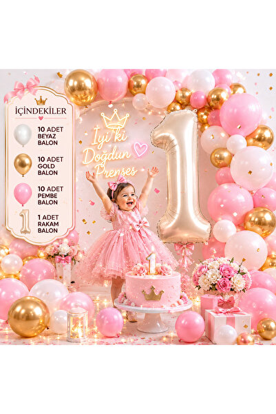 Dizayn Parti Evi Doğum Günü Balon Seti Pembe Gold Beyaz Karışık Balonlu Parti...