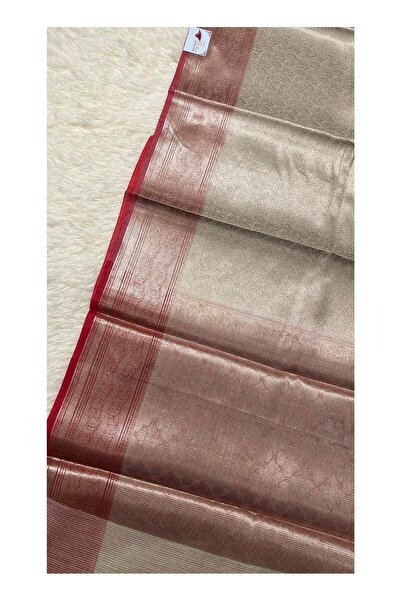 Silk Nagri Banarasi Semi Tanchoi Silk Saree Cream & Red Contrast with Brocade Zari Work & Contrast Brocade Blouse
