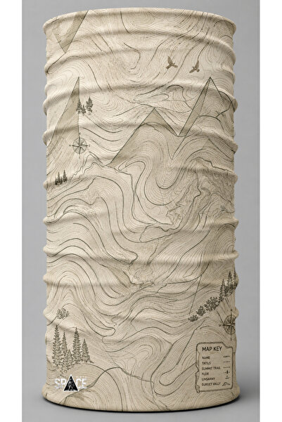 Minimal Topografik Harita Desenli Bej Outdoor Trekking Bandana Buff