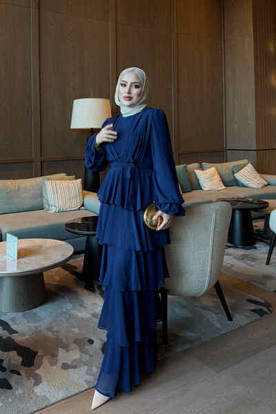 İmajButik Navy Blue Layered Skirt Evening Dress
