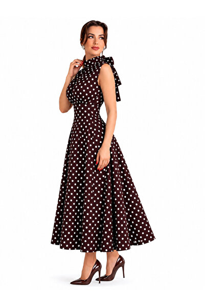 vulgariromania Rochie midi elegantă pentru femei, cu buline, fără mâneci, cro...