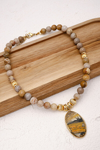 ByFlorya Jewelry Jasper Natural Stone Necklace Ellipse Pendant 45Cm+6Cm Real ...