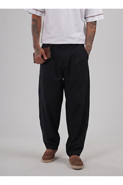 Butik Trend Biz Elastic Waist Pocket Jacquard Baggy Black Trousers
