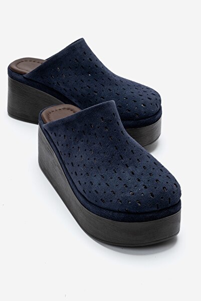 LuviShoes Lune Navy Blue Suede Genuine Leather Perforated Women's Wedge Heele...