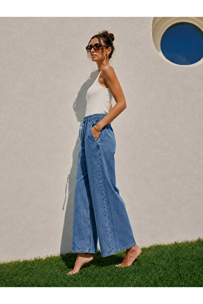 Safari Wide Leg Women's Jean Trousers with Elastic Waist