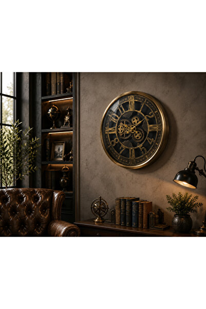 Sleep Nova Vintage Gear Gold Dekoratif Duvar Saati – Büyük Boy Metal Salon Saati
