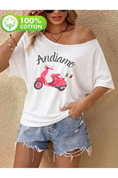 OVER HEAD Tricou Andiamo pentru femei, cu imprimeu, cu gât barcă și umeri goi...