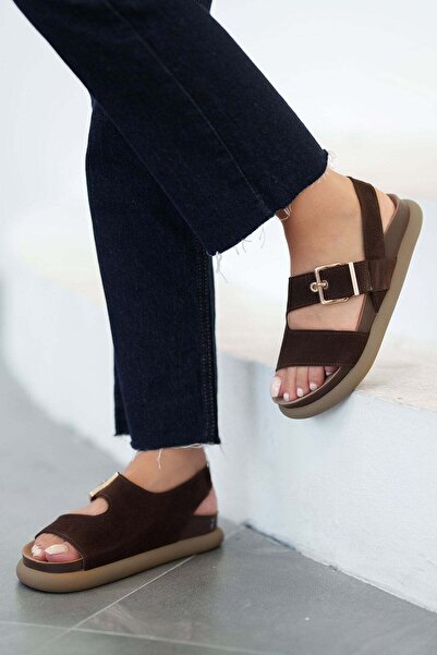 Parponi Lark Women's Buckle Genuine Suede Leather Sandals Brown