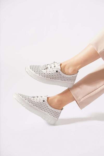 Moda Pie Resu Pleated Elastic Perforated Sole Stitched Genuine Leather Orthop...