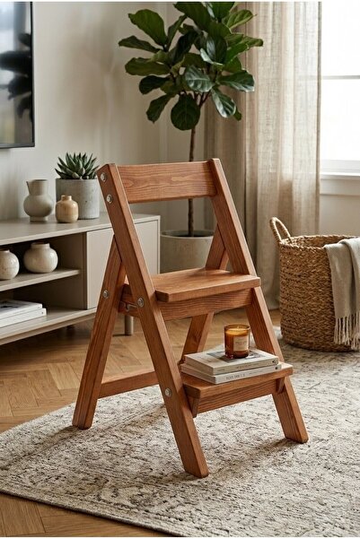 Ev dekka Ahşap Katlanır Merdivenli Tabure - 60x25x20 cm - Doğal Kestane Rengi...