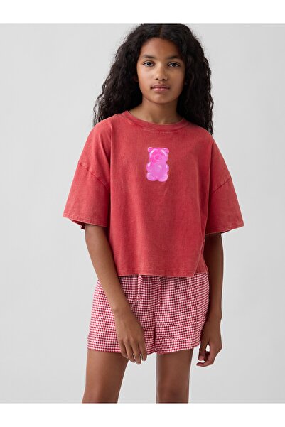 GAP Kız Çocuk Kırmızı Oversized Grafik Baskılı T-Shirt