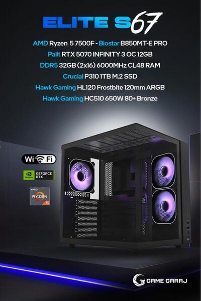 Game Garaj Elite S67 AMD R5 7500F 32GB RAM 1TB SSD RTX5070 120mm Sıvı Soğt Fr...