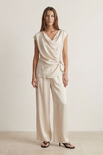 Quzu Beli Lace-Up Wide Leg Satin Trousers Stone