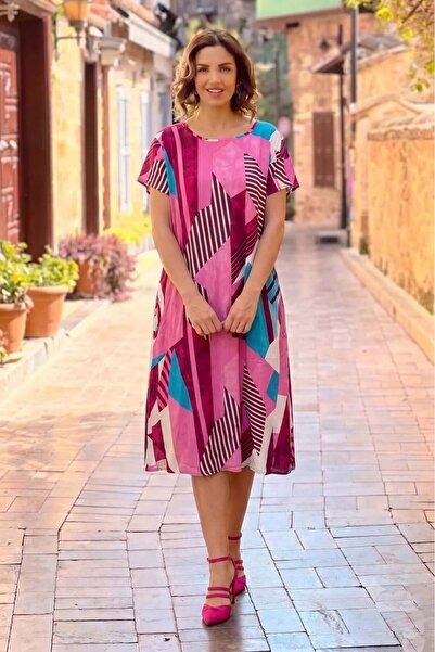 Nevin Kaya Moda Pink Color Geometric Patterned Round Neck Dress
