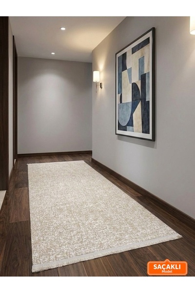 NaRStore Home Düz Desen Saçaklı Bej Yıkanabilir Kaymaz Taban Kesme Halı Yolluk