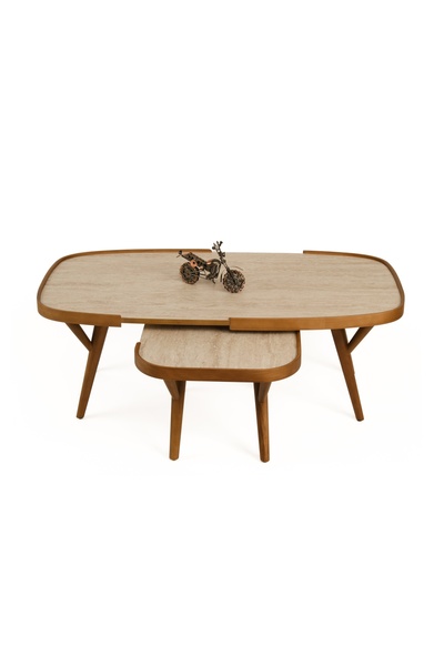 Vivense BUTTERFLY İKİLİ SET ORTA SEHPA, CEVİZ TRAVERTEN MERMER TABLALI