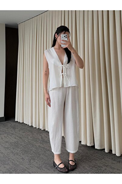 My Blog White Tie-Up Vest and Trousers Set - Y2511550