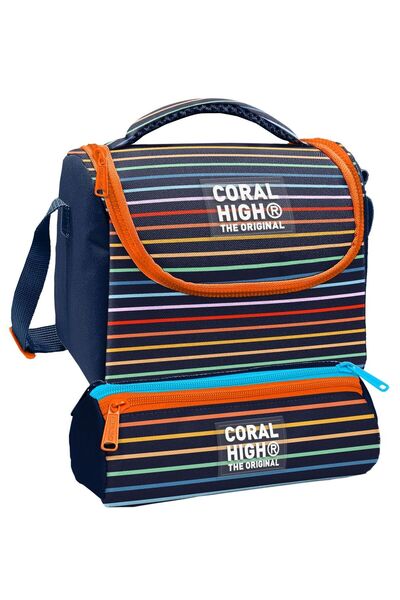 Coral High مجموعة صندوق الغداء وحامل القلم بثلاثة أقسام - مزينة بخطوط متعددة ...