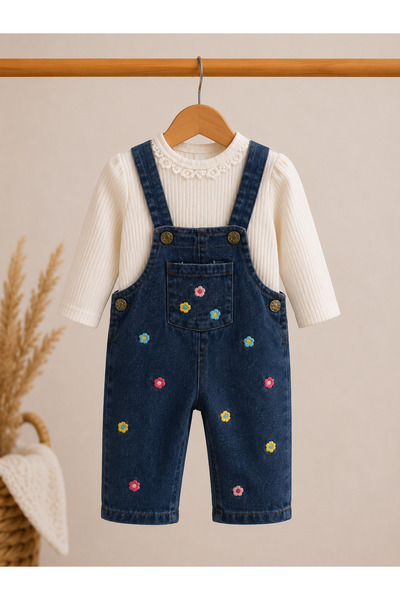 Miray baby kids Kız Bebek Nakış Detaylı Salopet Takım
