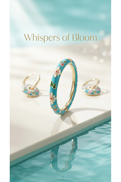 Zeraf Takı Zeraf Turquoise Enamel Flower Patterned Bracelet and Earring Set