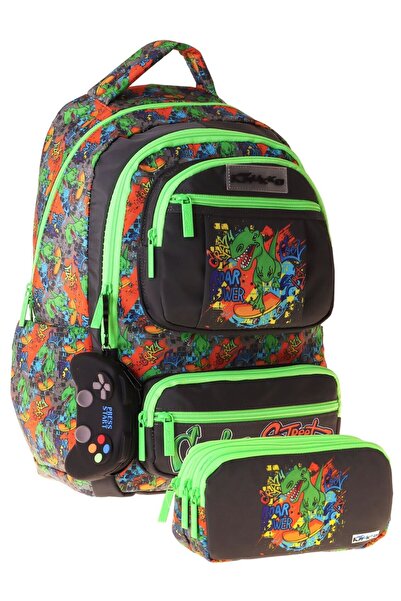 KAUKKO Kids Street Black - Green Boys' Primary School Backpack and Pencil Cas...