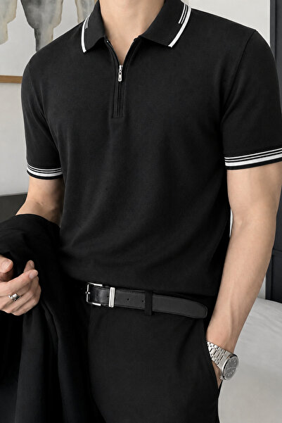 Tarz Cool Men's Zipper Collar Knitwear Polo T-Shirt – Slim Fit Cotton Summer ...