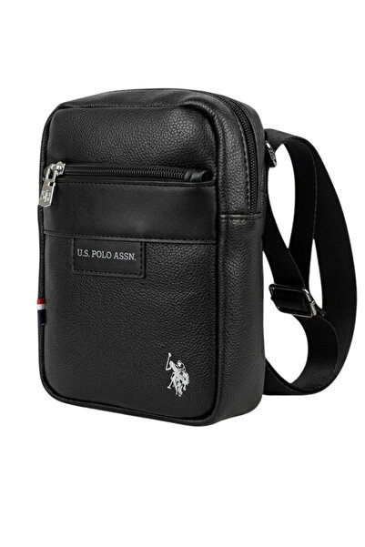 U.S. Polo Assn. حقيبة كتف رجالية سوداء بسحاب، حقيبة جلدية يومية PLHEY26083