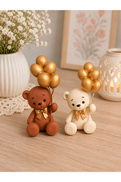 Maku home Kahverengi-Kremrengi Ayıcıklı Balonlu Pasta Süsü – Gold Balonlu Dek...