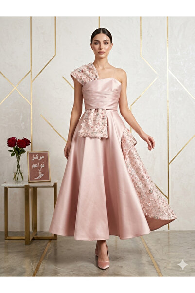 NAWAEIM Soft Taffeta One-Shoulder Evening Gown with Embroidery - Luxurious De...