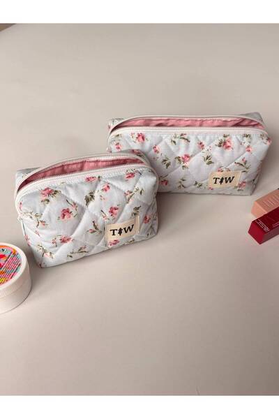 TALL WAY Blue Rose Patterned 2-Piece Makeup Bag Set