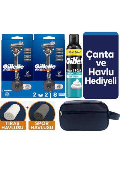 Gillette Proglide 2 Makine+8 Yedek Tıraş bıçağı+2 Stand+300 Ml Köpük+ Havlu h...