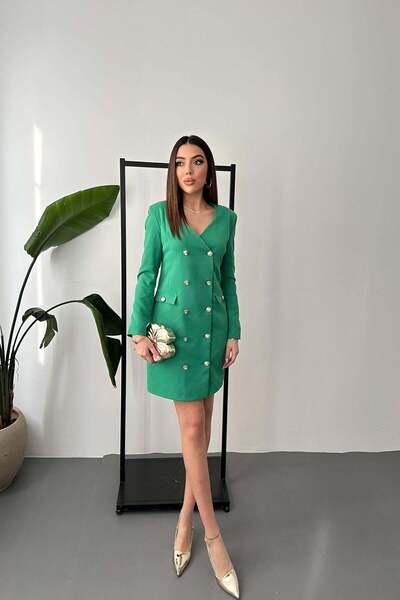 Caddebostan Moda Gold Buttoned Double Breasted Collar Stylish Short Jacket Dress