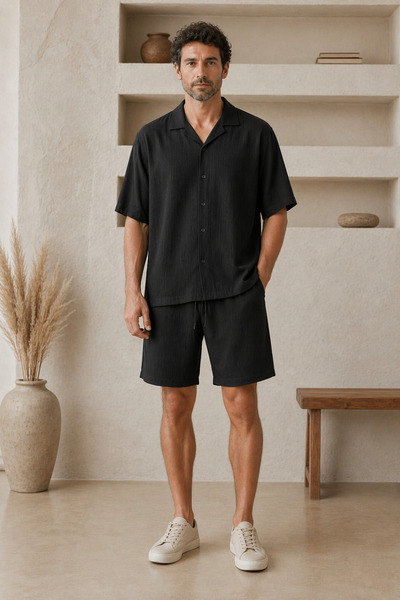 MYDARKSTYLE Men's Short Sleeve Wrinkled Shirt Shorts Set