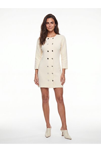 ONLOOX Cream Acrylic Textured Crew Neck Standard Size Button Detailed Knitwea...