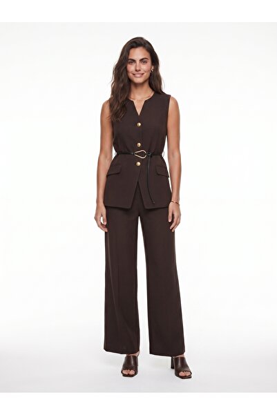 ONLOOX Bitter Brown Cotton Fabric Wide-Legged Trousers, Belt Detail, Buttoned...