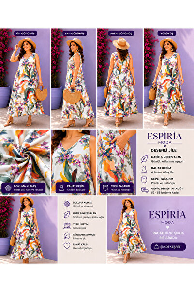 Espira Espiria Moda Çiçek Desenli A Kesim Jile Elbise Büyük Beden