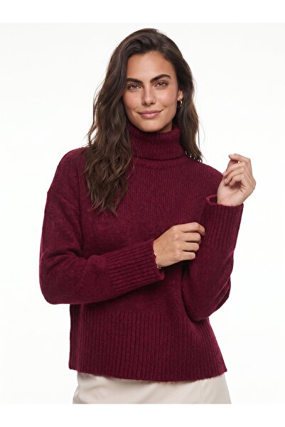 ONLOOX Burgundy Flexible Acrylic Blended Turtleneck Sweater with Ribbed Detai...
