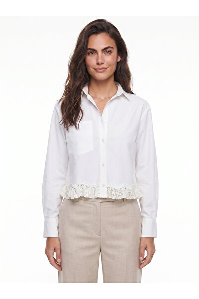 ONLOOX White Cotton Poplin Fabric Classic Shirt Collar Long Sleeve Cropped Cu...