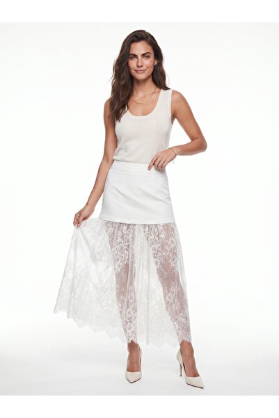 ONLOOX White Comfortable Fabric High Waist Midi Length Layered Transparent La...