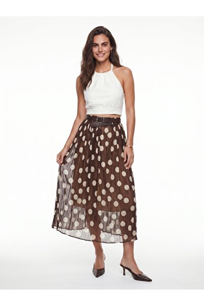 ONLOOX Brown Tulle Fabric Elastic Waist Lined Belted Polka Dot Patterned Long...