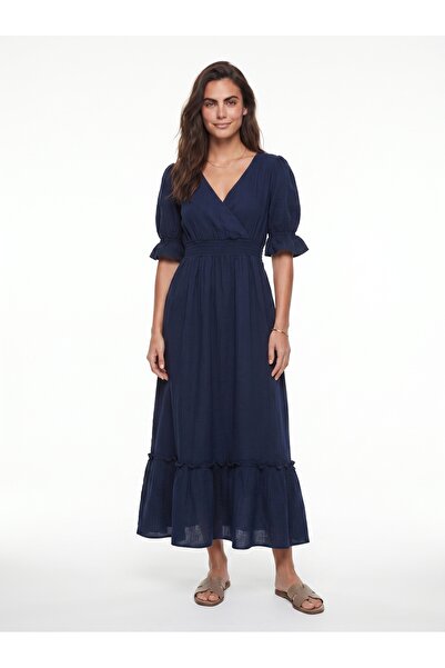 ONLOOX Navy Blue Cotton Double-Breasted Collar Long Dress with Elasticated Sl...