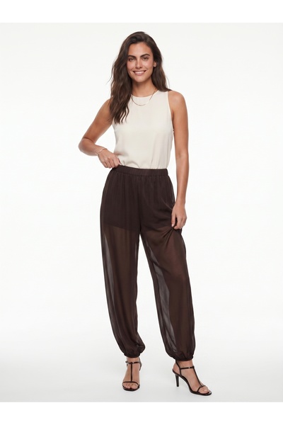 ONLOOX Bitter Brown Chiffon Fabric Wide Cut Shorts with Elastic Waist, Lined,...