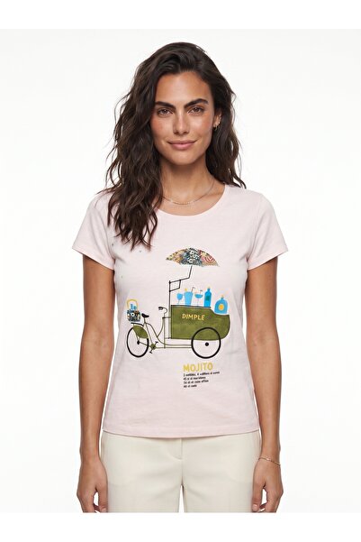 ONLOOX Powder Pink Cotton Crew Neck Short Sleeve T-Shirt with Handcrafted Emb...