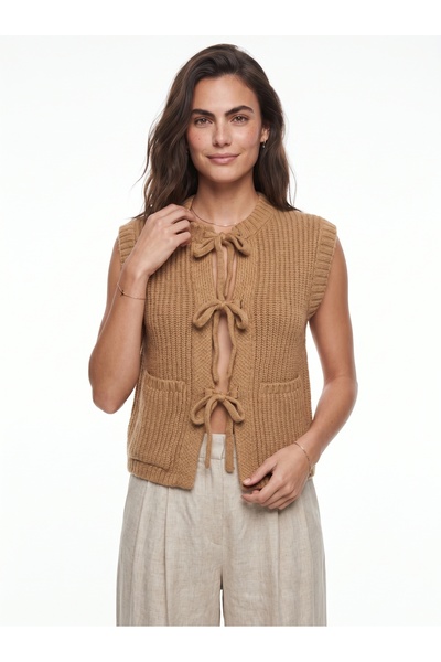 ONLOOX Camel Knitwear Crew Neck Front Tie Pocket Detailed Ribbed Knitted Soft...