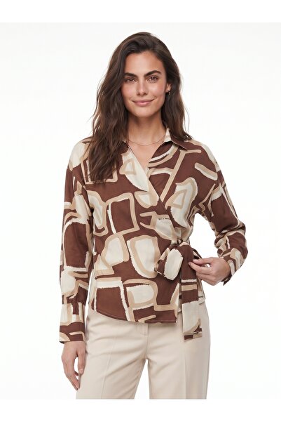 ONLOOX Tan Geometric Patterned Viscose Shirt Collar Double-Breasted Cut Long ...