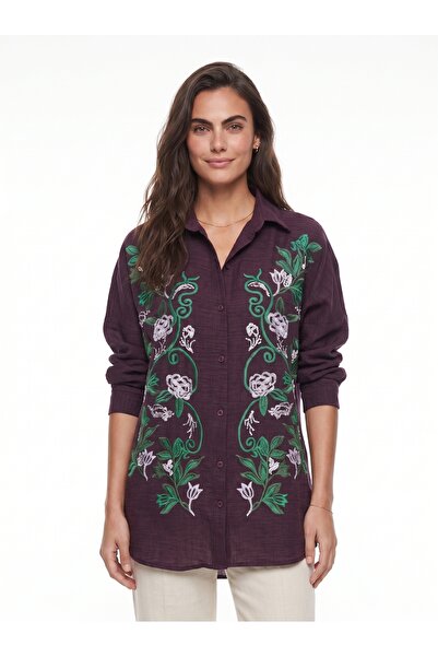 ONLOOX Purple Cotton Linen Textured Shirt with Collar, Long Sleeves, Buttons ...